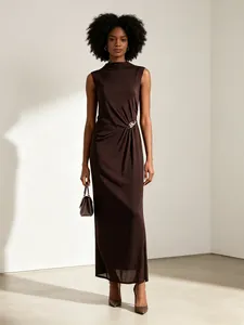 Elegantes Damen Ärmelloses Maxi Kleid Stehkragen Geraffte Taille Mit Metallschnalle Seitenschlitz Pendler Büro Party Kleid