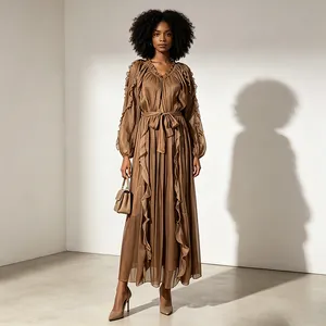 Elegant brown pleated mercerized maxi dress with ruffles and waist tie
