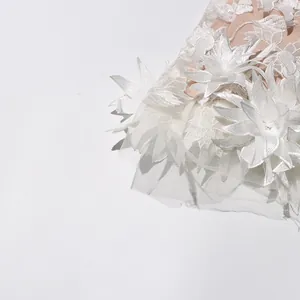Exquisite close-up detail of white 3D floral embroidery and mesh on French retro dress