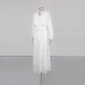 Elegant French style white mercerized long dress with pleated waist and ruffles