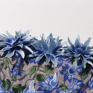 Detail view of 3D blue floral embroidery and mesh patchwork on vintage court style dress