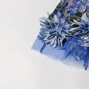 Close-up detail of blue 3D flower embroidery on vintage mesh French style dress