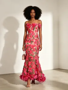 French Vintage Palace Style Strapless Maxi Dress Floral Embroidery Mesh Patchwork Bodycon Evening Party Dress For Women