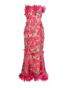 Elegant French vintage strapless dress featuring pink 3D floral embroidery and mesh patchwork detail