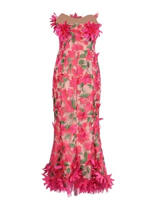 Elegant French retro strapless dress with pink floral embroidery and mesh detail.