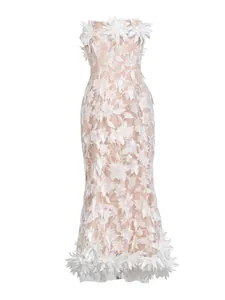 Elegant strapless floral embroidered mesh mermaid dress in white and nude colors.