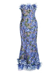Elegant French vintage tube top dress with blue floral embroidery and 3D floral accents