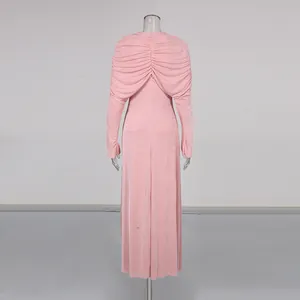 Detailed back view of a pink long sleeve slim fit maxi dress with elegant draping.