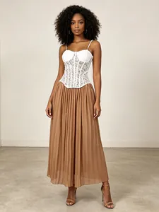 Damen Sexy Mesh Spitze Korsett Top Und Plissee Maxi Rock Set Durchsichtig Stäbchen Bustier Patchwork Sommer Outfit