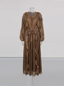 Elegant French style shiny mercerized brown maxi dress with cinched waist and ruffles