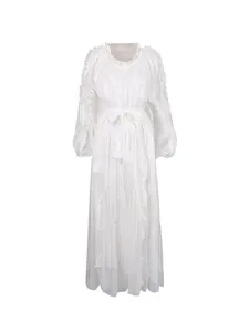 Elegant French style white pleated maxi dress with waist tie crafted in shiny silken fabric