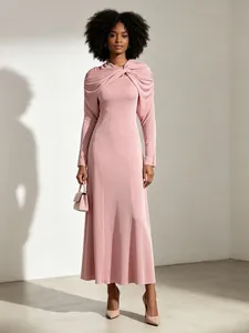 Women Retro Elegant Twist Knot Cape Collar Slim Fit Maxi Dress Long Sleeve Polyester Cotton Solid Color French Style Dress