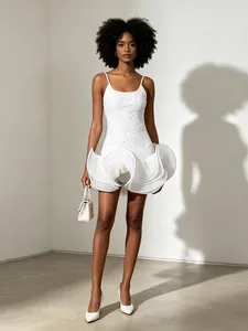 Women French Elegant White Mini Dress Spaghetti Strap Rhinestone Embellished Patchwork Flounce Hem Party Banquet Puff Dress