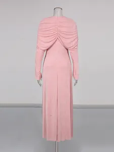 Elegant soft pink pleated shawl collar long sleeve slim fit maxi dress back view detail