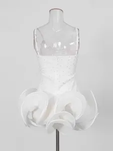 Elegant French style white strap dress featuring rhinestone detail and pleated ruffled hem