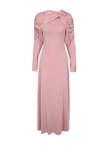 Elegant soft pink slim fit maxi dress featuring a twisted shawl neckline and long sleeves