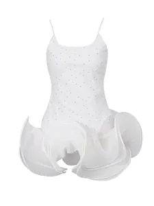 Elegant white sleeveless camisole dress with rhinestone bodice and pleated ruffle hem.