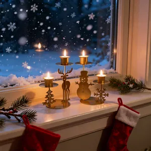 Detailansicht von goldenen Weihnachts-Kerzenhaltern auf einem verschneiten Fensterbrett