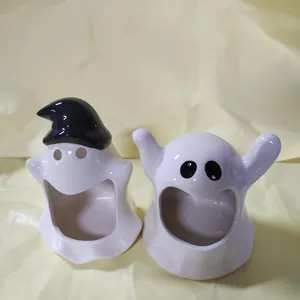 Cute ceramic ghost-shaped ashtray and candle holder set for Halloween home office decor