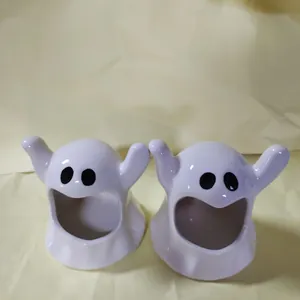 Pair of cute white ghost ceramic figurines for Halloween table decor and small storage