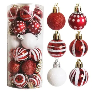 24-piece set of 3cm red and white Christmas ball ornaments with mixed textures and patterns