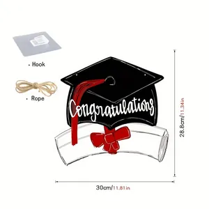 Graduation hanging sign detail showing 30x28.8cm dimensions plus included hook and rope.
