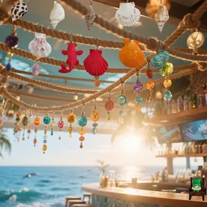 Close-up of ocean-themed hanging ornaments with seashells and colorful beads on a rope