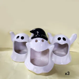 Ceramic Ghost Candle Holder Ashtray Cute Funny Little Ghost Home Decoration Halloween Ornament For Office Living Room Desktop
