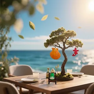 Miniature frog on chair with red koi and seashell hanging decorations for home