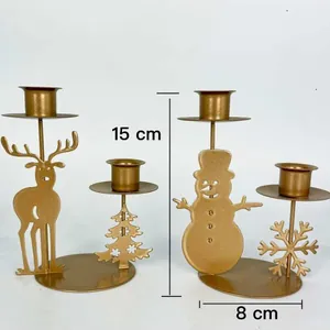 Goldener Weihnachts-Kerzenhalter aus Eisen mit Schneemann- und Rentier-Motiv, 15 cm hoch