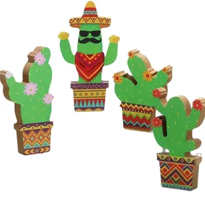 Juego de 4 creativos adornos de mesa de cactus de madera para decoración de fiestas