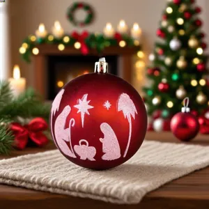 Detalle de una bola de Navidad roja con un diseño de escena de nacimiento en purpurina blanca