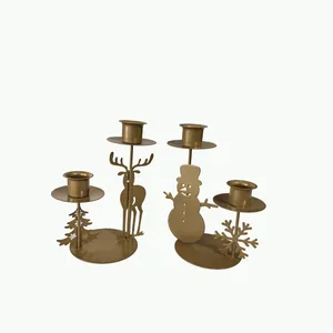 Zwei goldene Weihnachts-Kerzenhalter aus Eisen mit Rentier- und Schneemann-Design