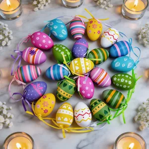 Detailed view of 24 colorful hand-painted plastic Easter eggs for hanging decoration
