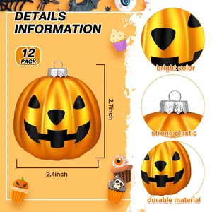 Detailed size and material view of 12 pack Halloween pumpkin hanging ornaments