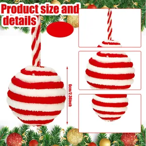 Detail view of 6cm red and white striped fuzzy plush Christmas ball hanging ornament