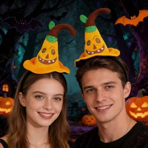 Couple wearing cute pumpkin witch hat headbands for spooky Halloween party decoration