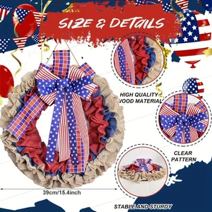 Detailed view of patriotic Fourth of July wreath with stars and stripes ribbon and 39cm size.