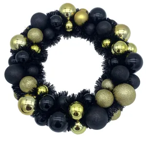 Modern black and gold Christmas wreath with 44 decorative ornaments on white background