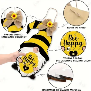 Bee Happy gnome wooden door sign detail view showing handmade bowknot and quality material.