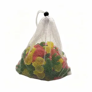 Reusable colorful plastic ice cubes packed in a white drawstring mesh bag for summer parties