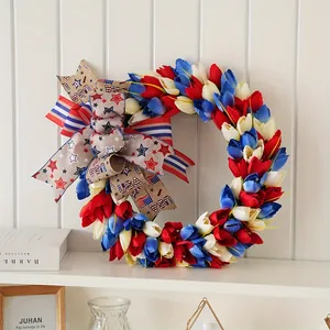 Patriotic Independence Day tulip wreath with red white blue USA ribbon for front door wall decor