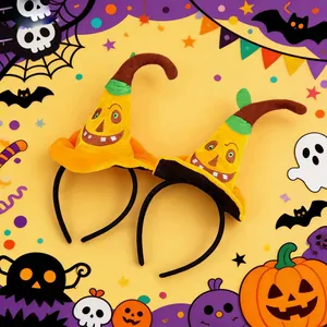 Set of two vibrant orange and yellow Halloween witch hat headbands for party fun.