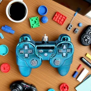 Dettaglio di un addobbo natalizio a forma di controller blu metallizzato