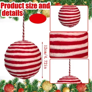 Macro detail view of a 12cm red and white striped fuzzy plush Christmas ball ornament