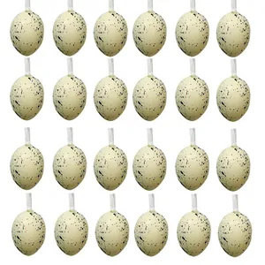 Detail view of 24pcs 4cm speckled cream Easter egg hanging decorations with ribbons