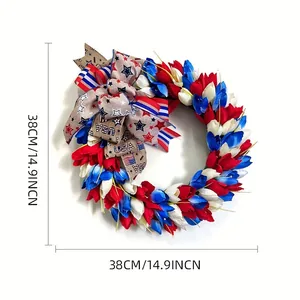 Patriotic July 4th tulip wreath detail showing 38cm diameter dimensions on white background
