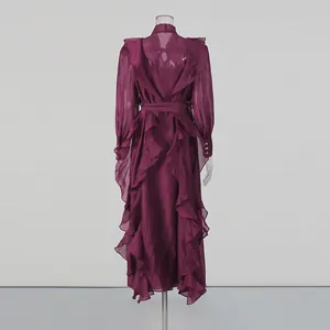 Elegant purple chiffon maxi dress with ruffle trim and neck tie detail back view