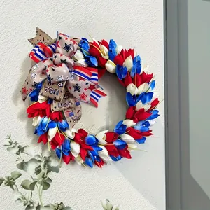 Independence Day Patriotic Wreath American Flag Red White Blue Wreath Burlap Fabric Stars Stripes USA Wreath For Front Door Wall Garden Decoration