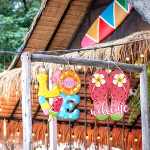 Detail of rustic wooden Summer Love and Welcome flip-flop hanging door signs for outdoor.
